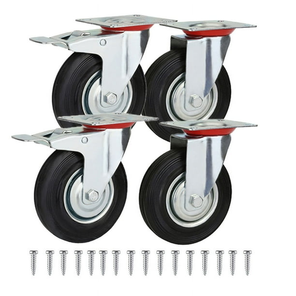 Ruedas giratorias para muebles de 4 x 3 pulgadas, 2 x ruedas giratorias de base plana, 2 x ruedas de freno de base plana, 16 x tornillos M8, hasta 200 kg - ruedas de carga silenciosas para