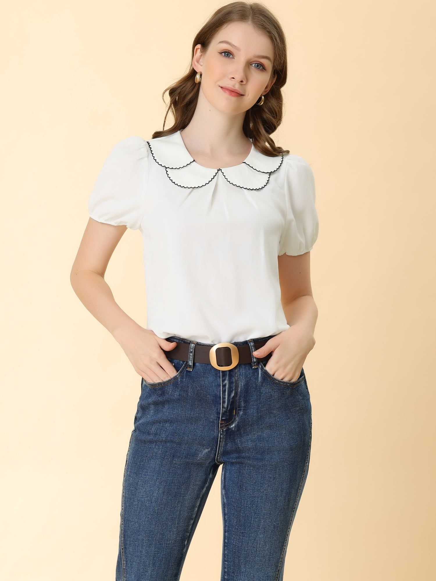 DARING DIVA Women's Retro Puff Sleeve Peter Pan Collar Blouse Top S White