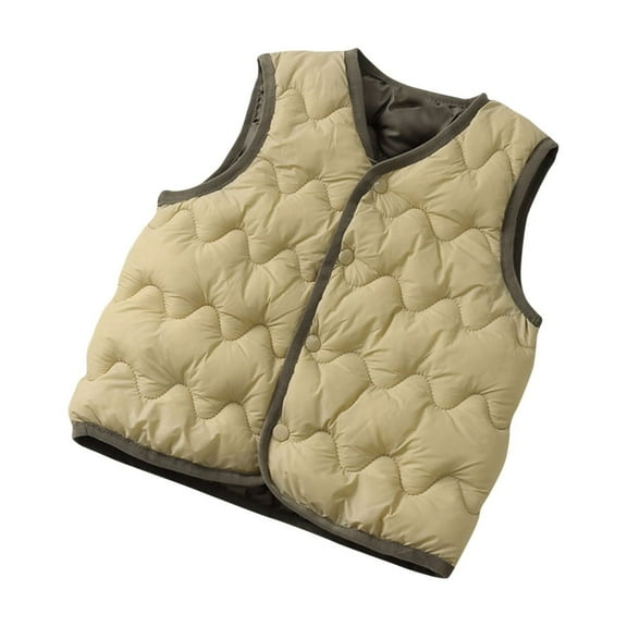 Boys Puffer Vest Tween 8-12t Wave Quilted Button Up Sleeveless Down Jacket Liner Solid Winter Warm Kids Clothing, Khaki, 10 Years