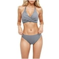 thumbnail image 4 of Jjayotai Women's High Waisted Bikini, Twist Front Tie Back 2 Piece Swimsuits, Wrap Halter Bathing Suit Gray M, 4 of 5