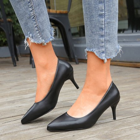 

uikmnh Women Shoes Women Fashion Solid Color Leather Single Shoes Pointed Toe High Heels Black 7