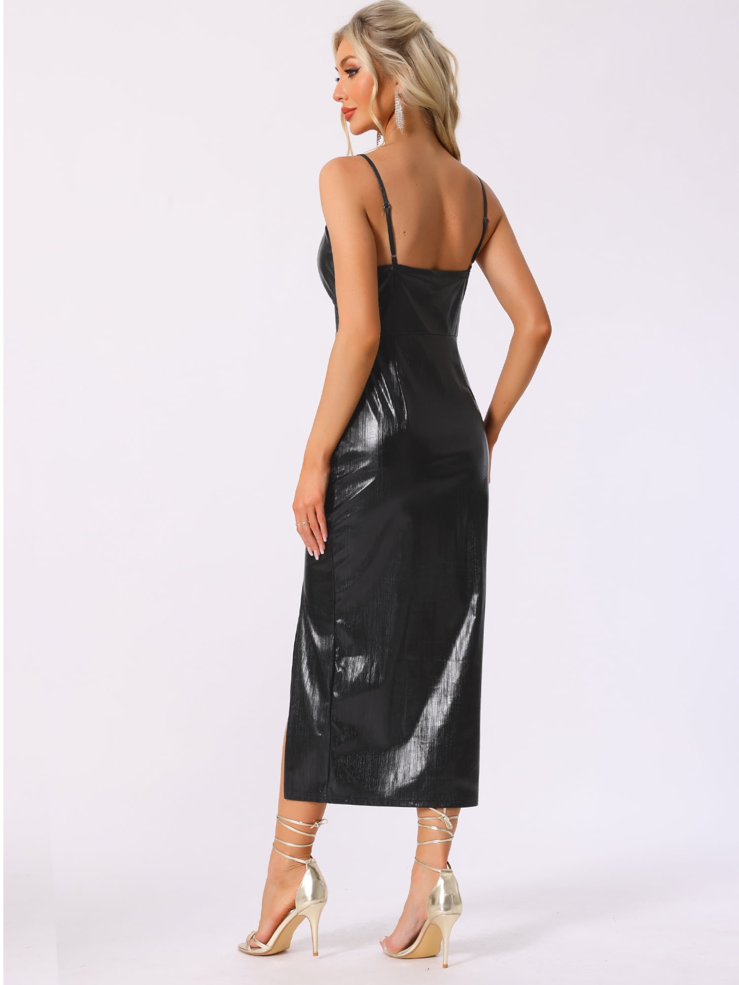 DARING DIVA Sparkly Metallic Deep V Neck Spaghetti Strap Midi Dress M Black