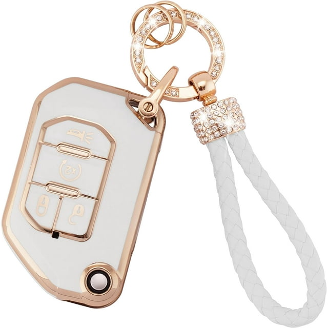LAICAIW for Jeep Key Fob Cover with Keychain, Soft TPU Key Case Protection Compatible with Jeep Wrangler JL JLU Rubicon Gladiator JT Sahara JLU 4 Buttons Flip Folding Key Case Shell (Jep-4F)