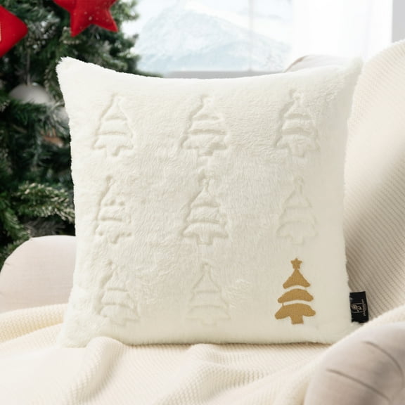 Phantoscope Christmas Faux Rabbit Fur Decorative Pillow Cover, Gold Christmas Tree Embroidered Winter Series, 18" x 18", Off White, Pack of 1