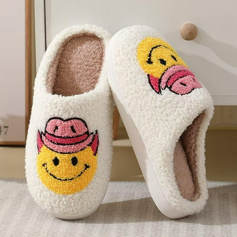 Happy Smile Face Slippers for Kids House Slippers Soft Plush Warm Preppy Slipper Anti Slip Winter Fluffy House Shoes for Boys Girls