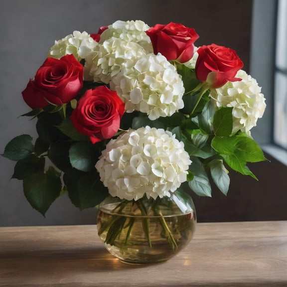 KaBloom : Bouquet of 6 Red Roses and 2 White Hydrangeas Next-Day Delivery, Gift for Every Occasion.