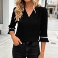 thumbnail image 2 of VEKDONE Women's V Neck Top Elegant Puff 3/4 Sleeve Solid Color Tunic Tops Fashion Business Work T Shirts Summer Loose Fit Going Out Tees Black L, 2 of 8