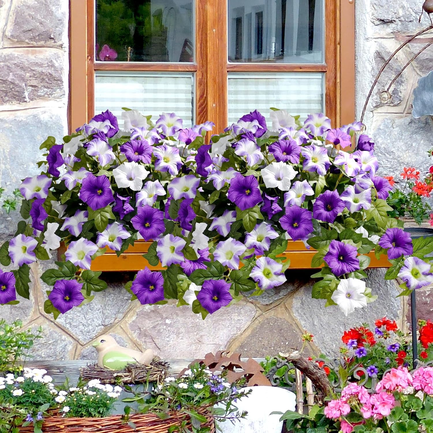 Yastouay 2pcs Petunias Artificial Flowers for Outdoor, UV Resistant Fake Flowers for Planter, Purple White Faux Flower for Garden Balcony Yard Porch