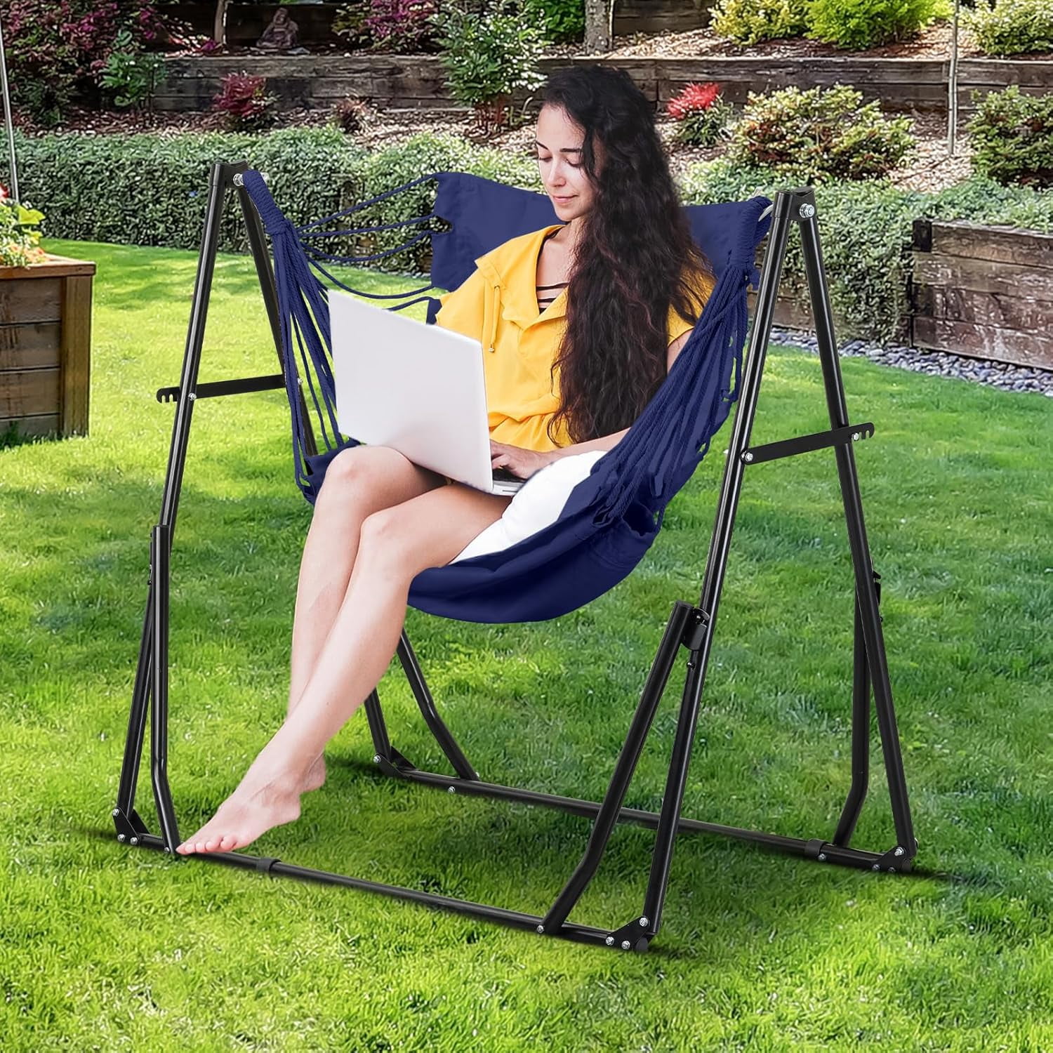 2 in 1 Hammock with Stand, Outdoor Hammock Swing Chair with Portable Heavy Duty Stand, Multi-Functional Hammock Stand 480 lbs Weight Capacit-Blue