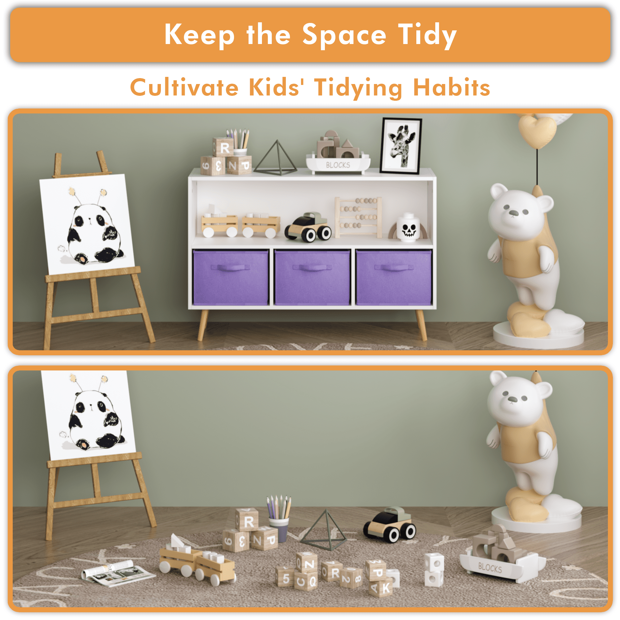 Aukfa Kids Bookcase with 3 Collapsible Drawers, Display Stand Toy Storage Organizer for Bedroom/Playroom,Purple