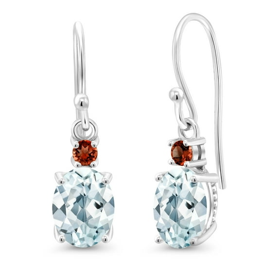 Gem Stone King 10K White Gold Sky Blue Aquamarine and Red Garnet Dangle Earrings for Women (2.38 Cttw, Gemstone Birthstone, Oval 8x6mm)