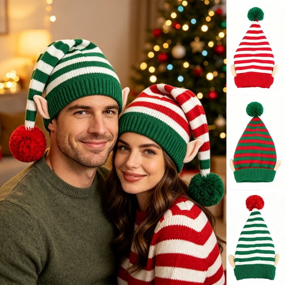 Textilo Christmas Knitted Santa Hats Adult Unisex Women Men Elf Hats Party Beanie Hat Striped Beanie Christmas Elf Hat
