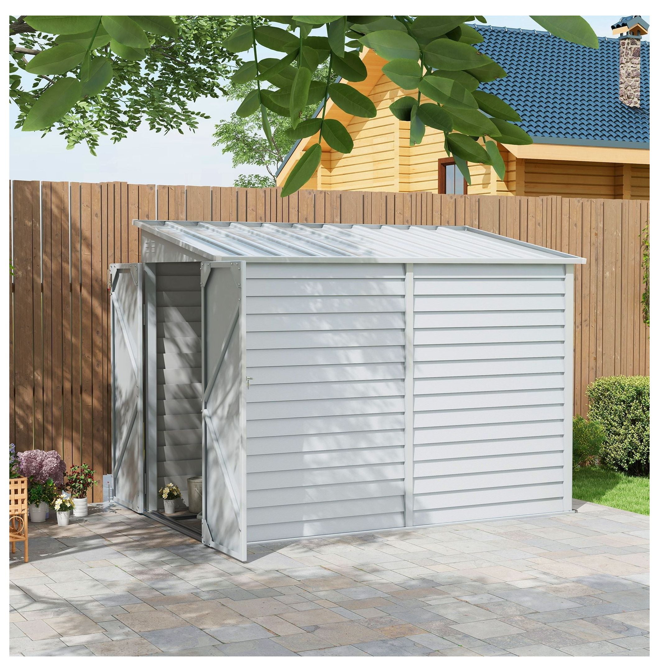 5'x9' Outdoor Storage Shed - Lean to Garden Shed with Foundation, Lockable Doors & Gloves - White Steel Shed for Patio, Lawn, Backyard