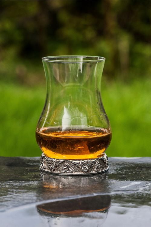 A E Williams Scottish Whisky Tasting Glass for Liquor Scotch Bourbon or Wine Highland Cow and Knotwork Handcrafted Pewter and Glass 6oz