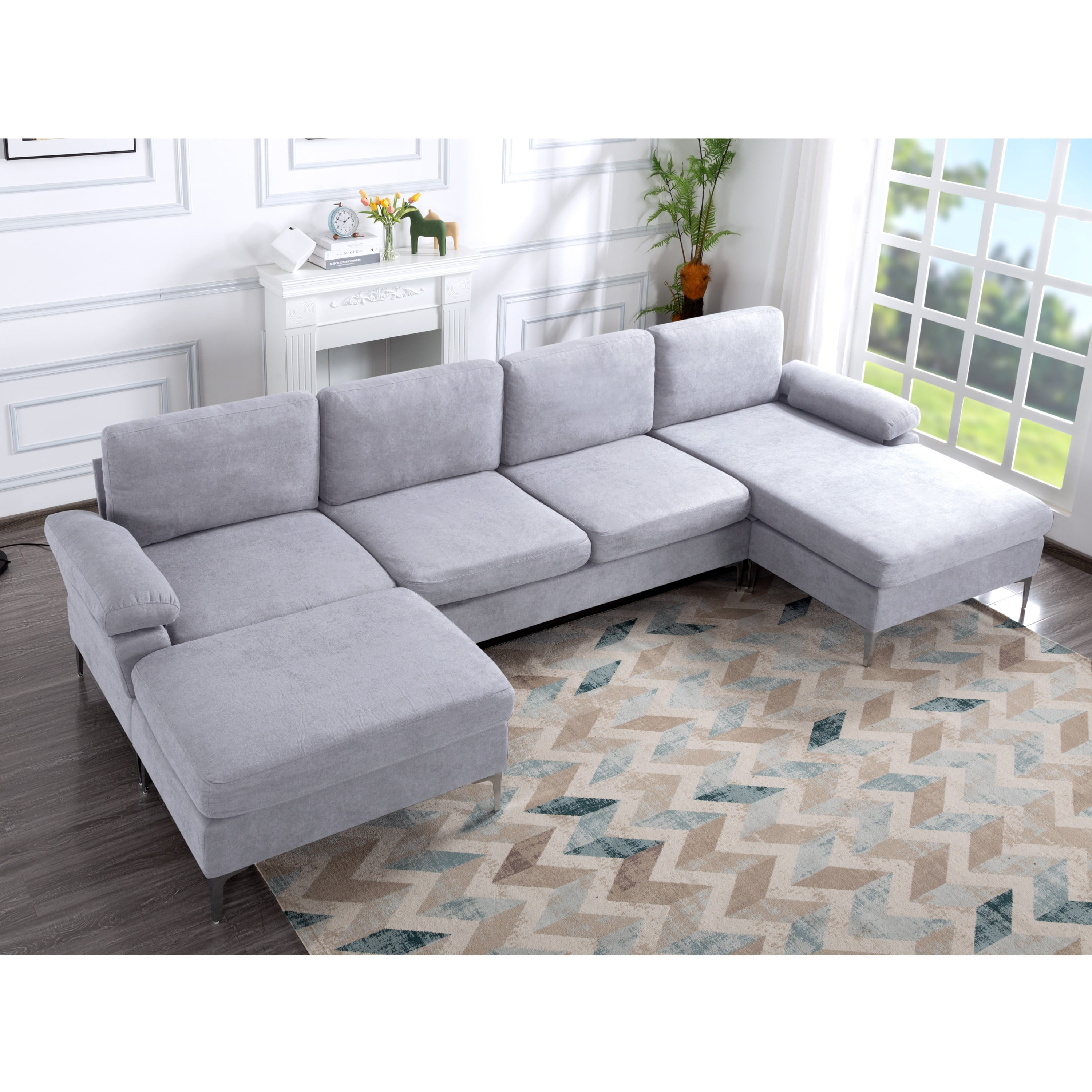 Oversized U-Shaped Sectional Sofa Couch,Convertible Modular Sofa,Upholstered Sleeper Sofa Couches with Reversible Chaise Lounge and Movable Ottomans for Living Room,Light gray