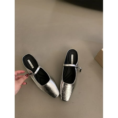 

Design sense silver Mary Jane half slippers wearing French single shoes Silver shoes spring summer chunky heels women s shoes