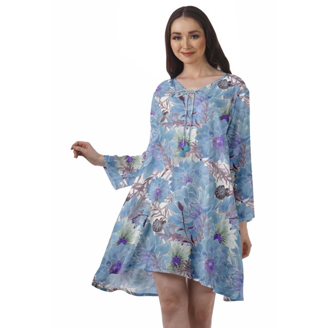 Moomaya Robe Évasée en Rayonne pour Femmes Manches Longues Imprimée Col en V Décontractée Robe de Plage pour Filles