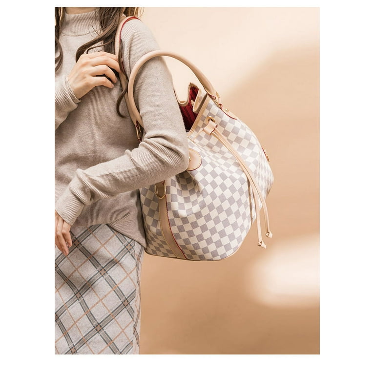 Womens White Checkered Tote Shoulder Bag Purse With Inner Pouch