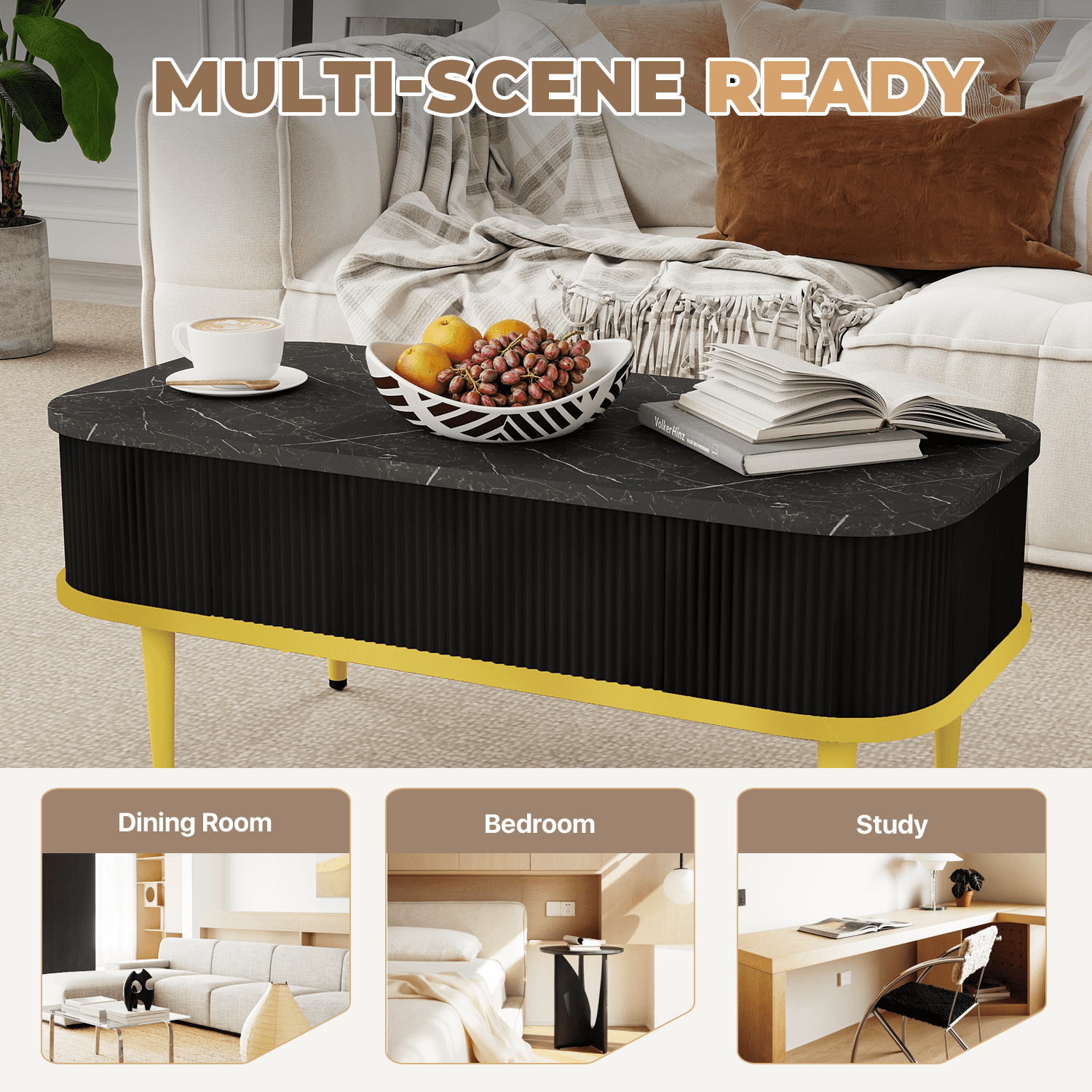 BaPiPro 39" Lift Top Coffee Table with Storage, Modern Fluted Rectangle Center Table with Hidden Compartment for Living Room, Home Office, Black