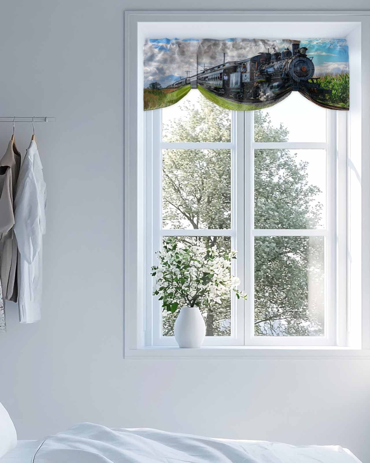 Steam Train Tie Up Valances Curtain, Adjustable Kitchen Railways Trees Landscape Modern Valances for Windows Decor, Rod Pocket Short Curtains Set for Bedroom/Bathroom, 54"x18"