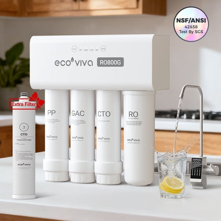Ecoviva ER800 Under-Sink RO System, 8-Stage Filtration, 3:1 Pure-to-Drain Filter, LED Smart Faucet, White