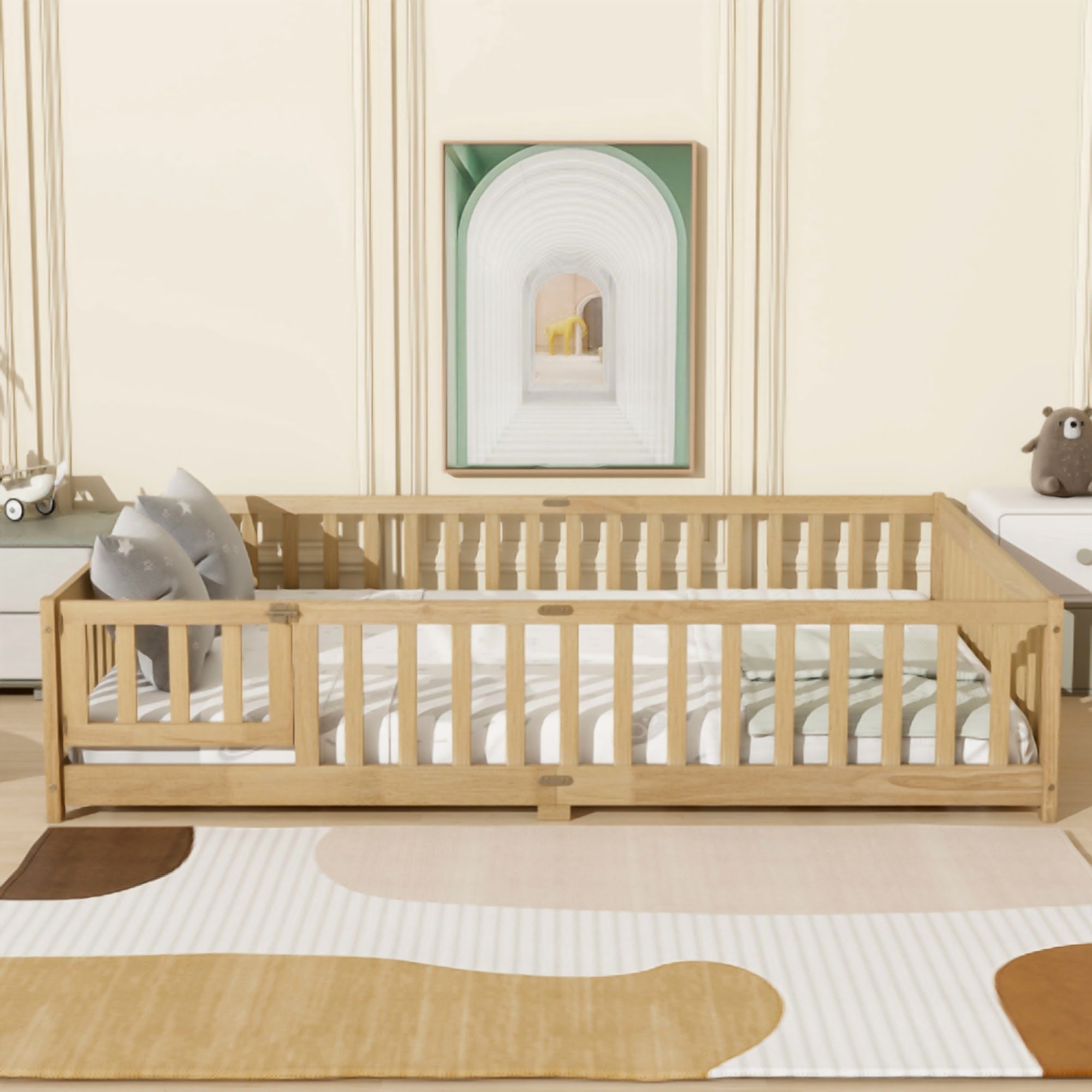 HOCOMILA Queen Size Floor Bed with Fence, Montessori Floor Bed with Slats and Safety Guardrails, Wood Queen Floor Bed, Natural
