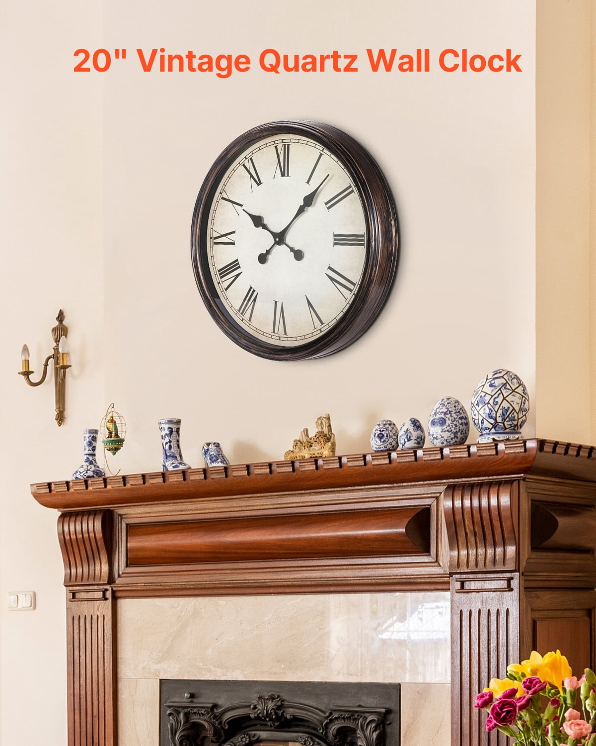 KFFKFF Wall Timepiece, 20-inch Roman Numeral Clock, Battery-Powered Quiet Traditional Decorative Circular Timekeepers, Suitable for Living Space, Bedroom, Office, Kitchen, Dining Area, Homely Decor