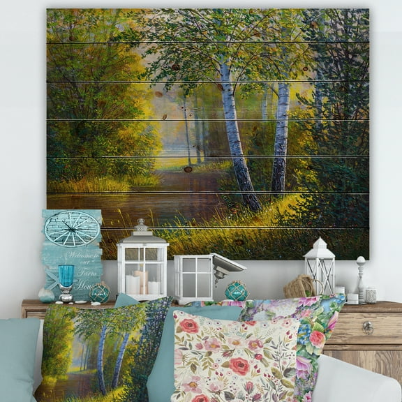 Designart 'Sunrise Glow Through The Birches II' Lake House Print on Natural Pine Wood