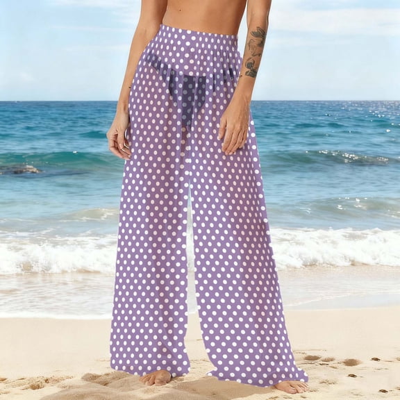 Gamivast Womens Bathing Suit Coverups Pants Polka-Dot Wide Leg Sheer Cover up Pants Beach Flowy Elastic Waist Swimwear Breathable Summer Beach Outfits