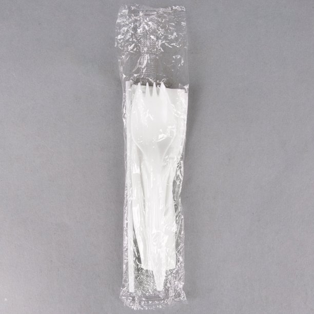 Individually Wrapped White Medium Weight Plastic Spork, Straw, and