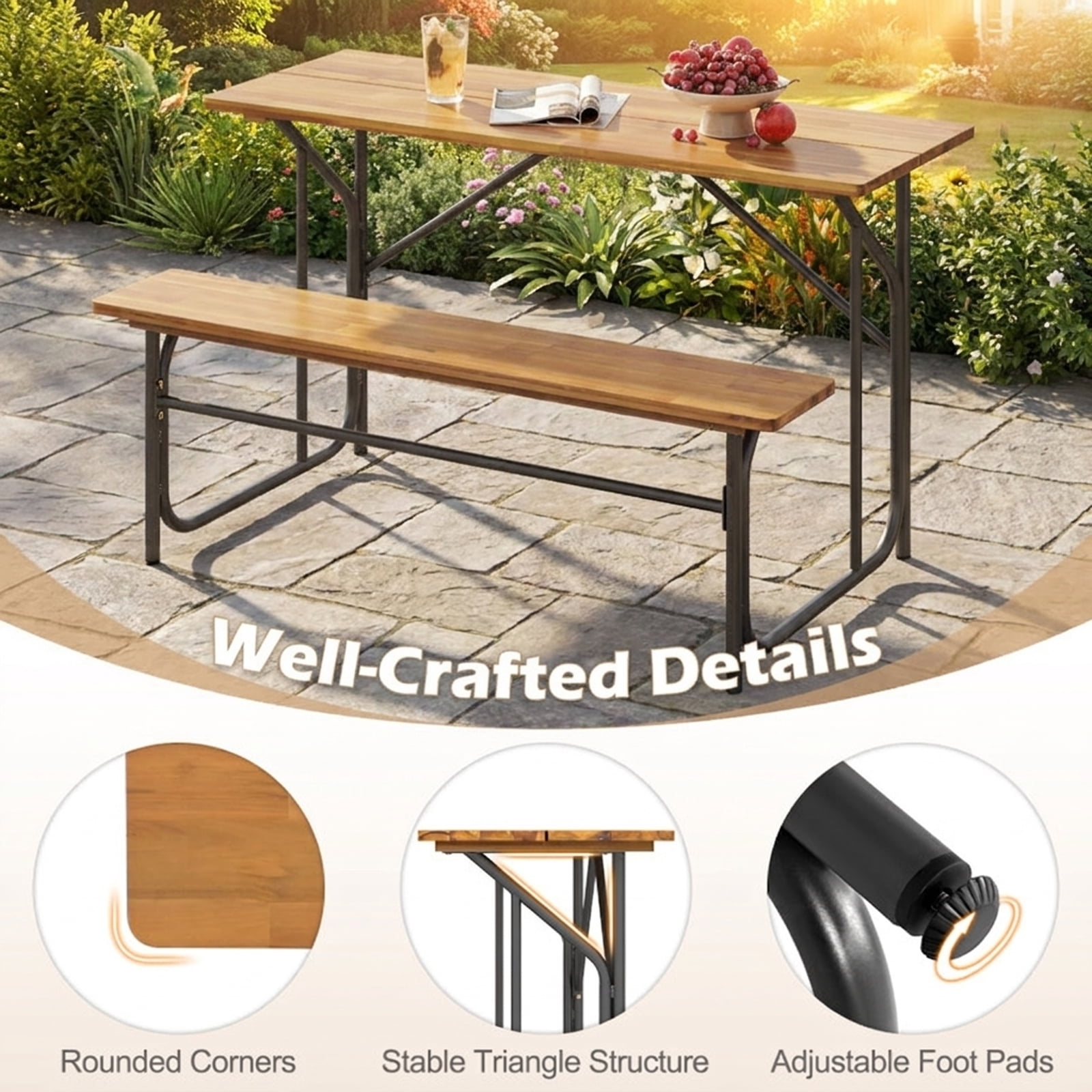 Biotree Acacia Wood Patio Picnic Table and Bench Set for 2 People One-Side Outdoor Table for Garden Deck and Backyard Dining, Black