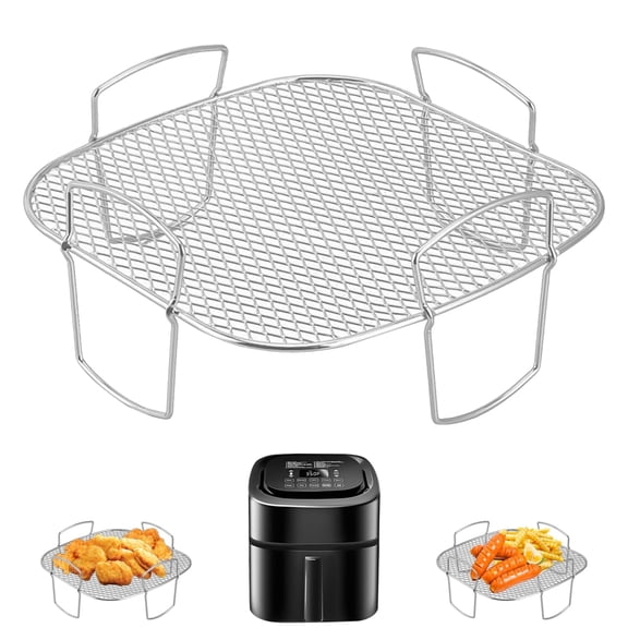 GWY Square Air Fryer Rack with 4 Handles, 8.3"×7.9"×3.5" Food Grade Steel Mesh Grill Tray, Non-Stick Replacement Accessories, Dishwasher Safe