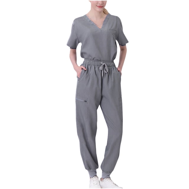 Pisexur Ensemble de Sarrau Moderne Uni Extensible à Col en V et Manches Courtes pour Femmes, P-2TG