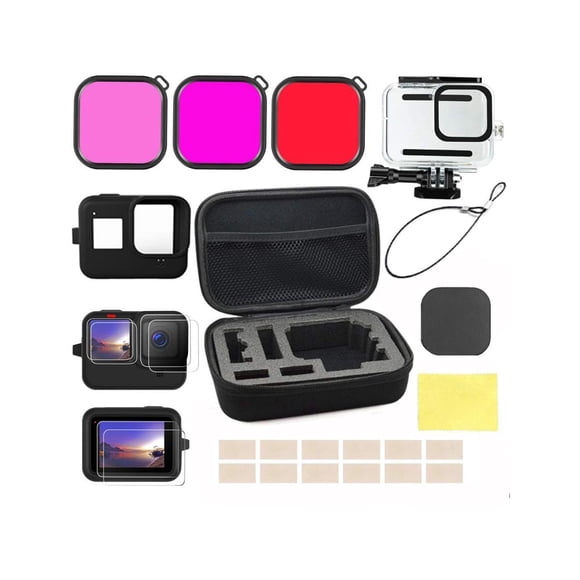 Accessories Kit for GoPro Hero 12 / Hero 11 / Hero 10 / Hero 9 Black with Shockproof Small Case + Waterproof Case + Tempered Glass Screen Protector + Silicone Cover + Lens Filters + Anti-Fog Inserts