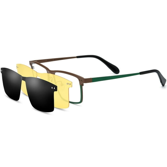 FONEX Pure Titanium Glasses Frame Men Square Magnet Clip On Eyeglasses with Polarized Lens ( 85776 Brown Green C1 )