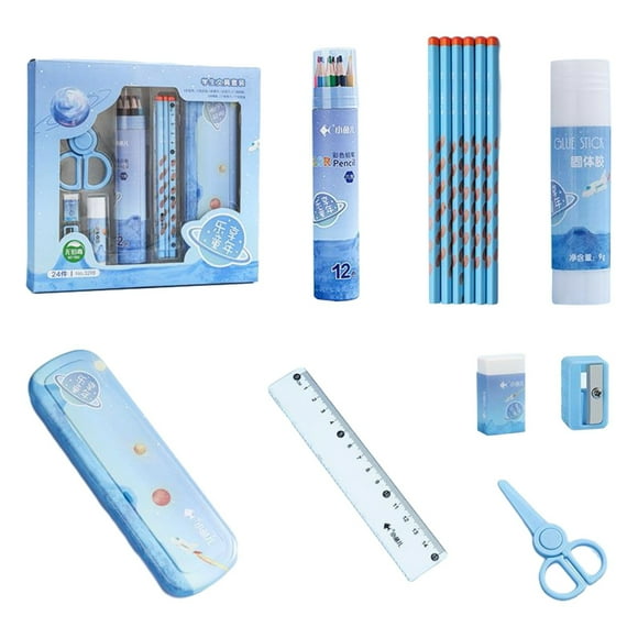Fwttom Stationery for Students, Children Fun: 24 Stationery Set - Piece Set, 4 Pencils, 12 Colored Pens, A Glue, An Eraser, A 15cm Ruler, A Pair of Scissors, A Pencil Sharpene