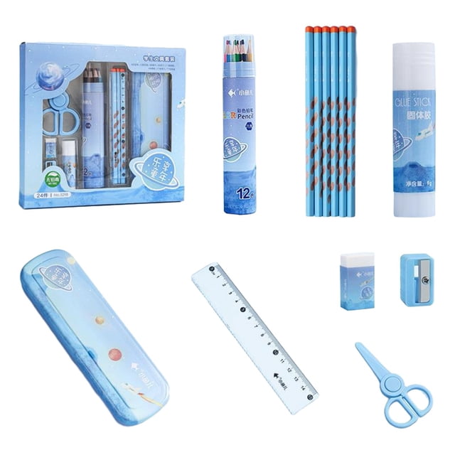 Chmadoxn Home Office Furniture Children Fun: 24 Stationery Set - Piece Set, 4 Pencils, 12 Colored Pens, A Glue, An Eraser, A 15cm Ruler, A Pair Of Scissors, A Pencil Sharpene Stationery for students