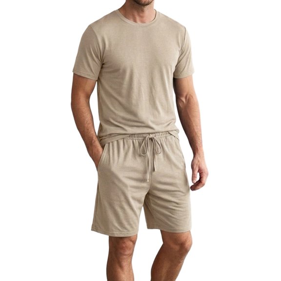 Men Solid Crew Neck Short Sleeve Tee & Drawstring Pocket Shorts 2 Piece Casual Summer Tracksuit Khaki XL