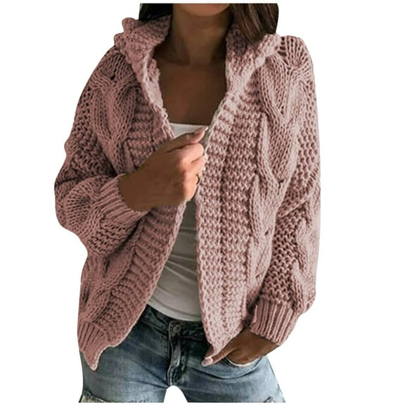 Women's Cable Knit Hood Cardigan Open Front Long Sleeve Sweaters Loose Casual Chunky Oversized Fall Coats Outerwear Ladies Clothes