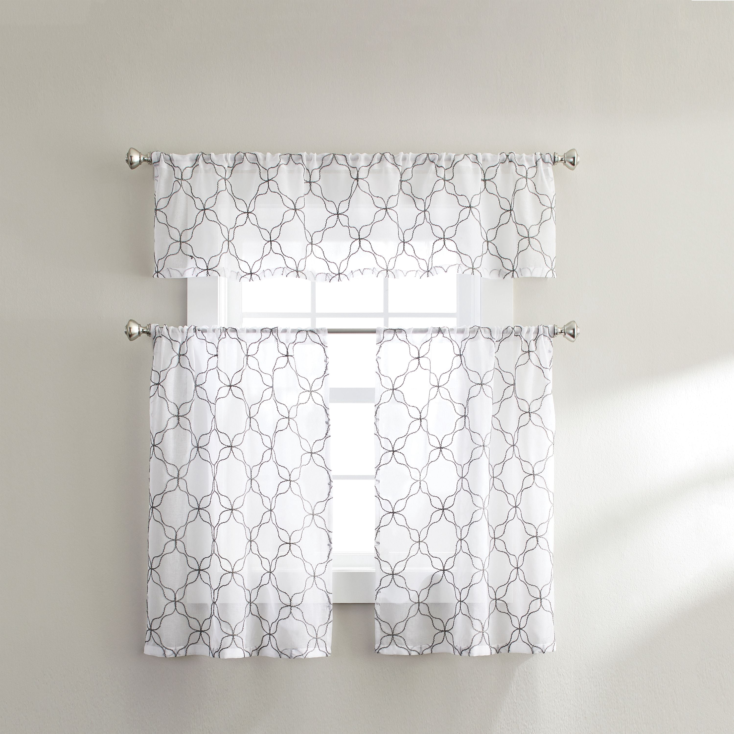 Better Homes & Gardens 3-Piece Sheer Quatrefoil Window Valance and Tier Set, Grey, 36 in x 60 in