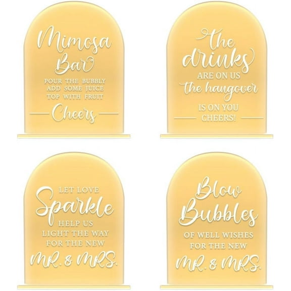 1set 4Pcs Gold Acrylic Guest Book Sign Wedding Sign with Stand 5x7" Arch Acrylic Wedding Reception Sign Blow Bubbles Wedding Decorative Signage Table Signs for Wedding Ceremony and Reception