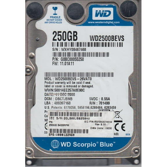 WD2500BEVS-26VAT0, DCM DBCTJBNB, Western Digital 250GB SATA 2.5 Hard Drive