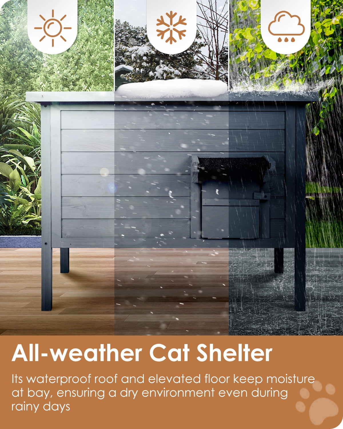 FURRYFECTION Outdoor-Cat-House-Insulated, Large Wooden Pet House for Multiple Cats with fold-up Stair & Acrylic Side Window