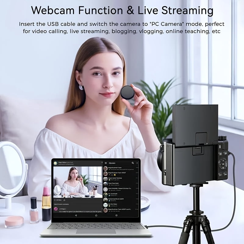 8K Digital Camera 88MP with 3" 180° Flip Screen, 18x Zoom, Autofocus, Lens Cover, Optional 32GB Card, Dark Gray