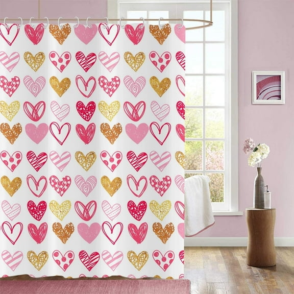 Valentine''s Day Shower Curtain, Weighted Bottom Romantic Love Theme Pink and Gold Doodle Style Little Heart Fabric Bathroom Curtain Home Decor Waterproof Washable with 12 Hooks,36"x72"