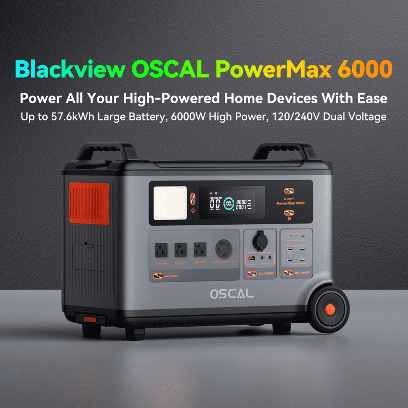 OSCAL PowerMax6000 Solar Generator, 3600Wh LiFePO4 Battery, 6000W Output, 120V/240V for Home, RV & Camping