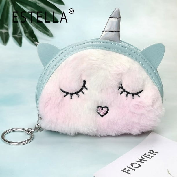Lindo monedero de dibujos animados en forma de semicírculo con unicornio bordado, lindo monedero de peluche teñido anudado entrecerrado