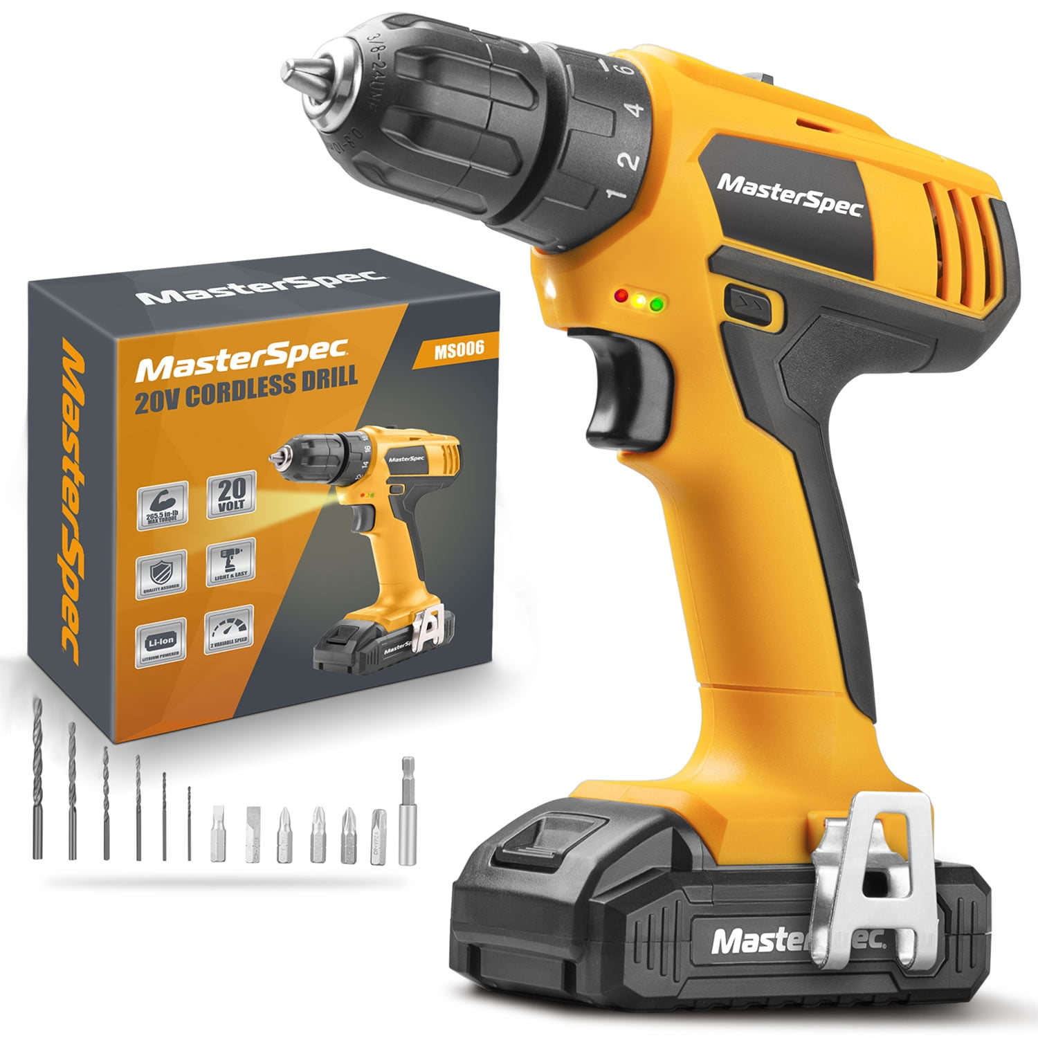 MasterSpec Kit de Perceuse Sans Fil 20V MAX, 30N.m Couple, 18+1+1 Réglages, Inclut Pack de Batterie Li-Ion, Chargeur, Ensemble de Forets & Lumière LED pour Vos Projets de Perçage et Vissage