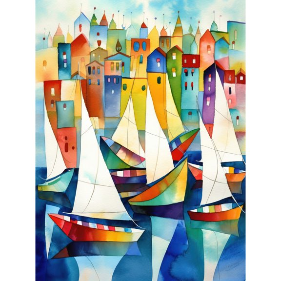 Harbour Boats Folk Art Watercolour Painting Unframed Wall Art Print Poster Home Decor Premium