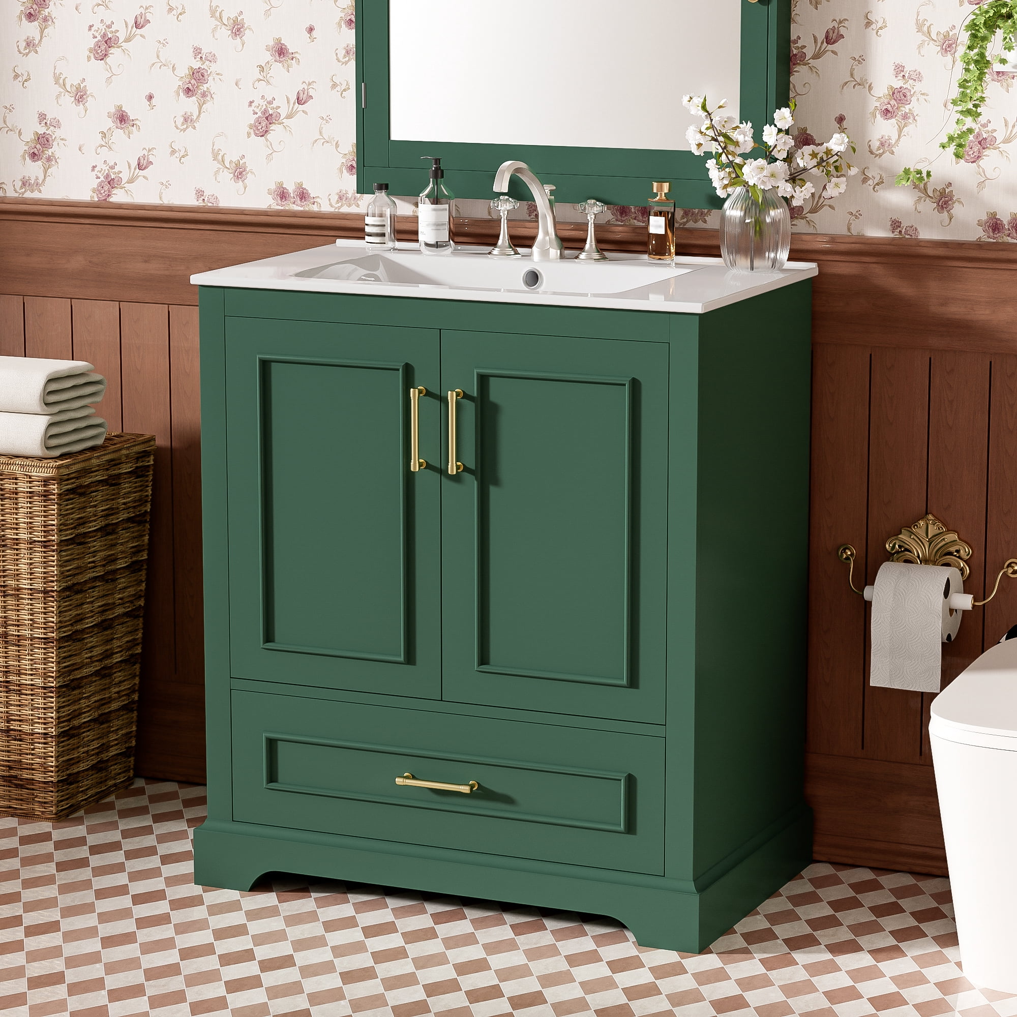 Harper & Bright Designs 30" Modern Bathroom Vanity with Sink, Bathroom Cabinet Freestanding with Drawer, Single Sink Bathroom Vanity, Green
